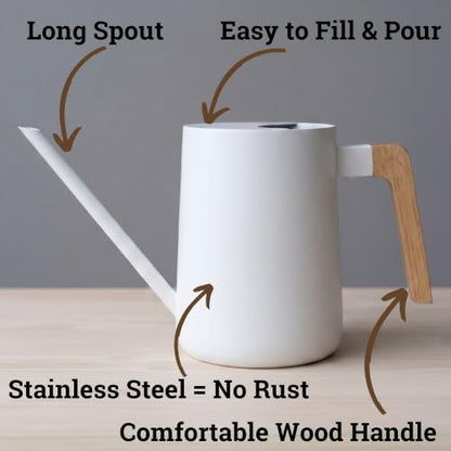 Metal Small Indoor Watering Can with Long Spout & Real Wood Handle, 35oz | Long Spout, Stainless Steel, Real Wood Handle, Gentle Flow, No Spills, Suitable for House Plants, Succulents & Seedlings - color: White