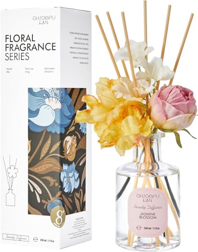 Chloefu Lan Flowers Reéd Diffuser for Girls Room Decor, 6.7oz with 9 Sticks, Jasmine Blossom Scent Diffusers for Home, Scentsy Home Fragrance, Scented Oils, Home & Bathroom Décor - color: Jasmine Blossom