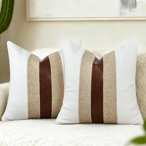 Boucle Pillow Covers with Faux Leather Accents 18"x18" Set of 2, White and Khaki Decorative Pillow Covers with Faux Linen Patchwork Modern Farmhouse Cushion Covers for Couch Sofa Bed Home | Set of 2 Modern Brown Faux Leather Pillow Covers, Boho Farmhouse