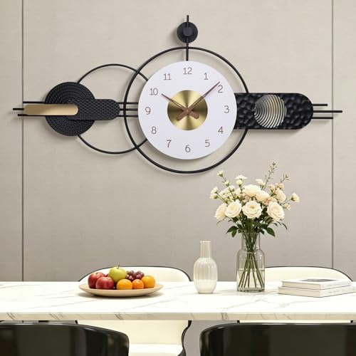 43 x 20 inch Oversized Large Modern Geometric Metal Wall Clocks | silent non-ticking quartz movement, battery operated, decorative wall clock for living room, dining room, bedroom, office - color: D-black White-43x20nch
