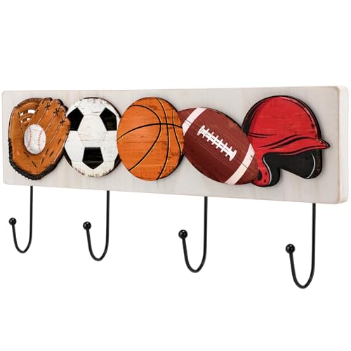 Wood Sports Coat Rack with 4 Hooks Basketball Baseball Football Soccer Wall Mounted Coat Hooks Decor Ball Sports Theme for Home Entryway Playroom Hats Keys Towels - style: Ball Theme