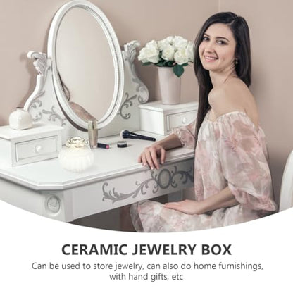 Hemoton Ceramic Jewelry Box with Lid Small Portable Trinket Case for Rings Earrings Necklaces Storage Organizer Suitable for Home Travel and 3.54X3.54X3.14In