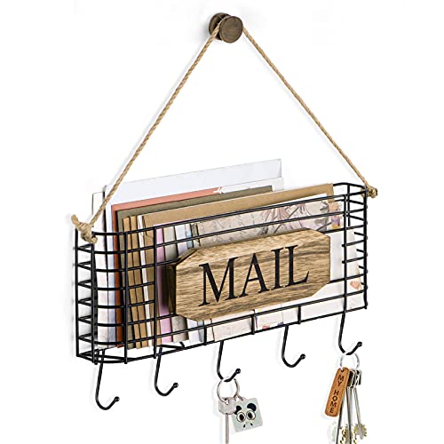 SRIWATANA Mail Organizer Wall Mount, 5 Key Hooks, Large, Carbonized Black | Mail Holder Key Holder for Wall, Hanging Mail Sorter, Letter Basket for Receipts Bills Envelopes, Home & Office Organizer - color: Carbonized Black, size: Large