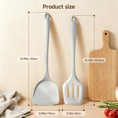 2-Pack Silicone Spatula Set, Heat Resistant Spatulas for Baking & Mixing, BPA-Free Solid & Slotted Turner for Non-Stick Pans, Kitchen Utensils for Scraping, Sauteing and Flipping (Light Gray) - color: Light Gray