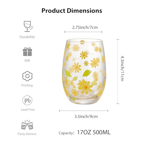 Hand Blown Etched Stemless Wine Glasses 19oz, Set of 4, Everyday Drinking Glasses, Large capacity, Unique Gifts for Him Her for Birthday, Wedding, Anniversary (Clear With Daisy) - color: Clear With Daisy