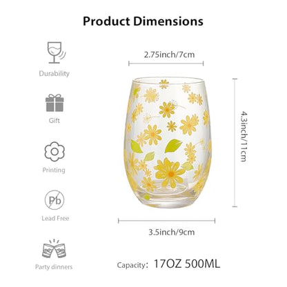 Hand Blown Etched Stemless Wine Glasses 19oz, Set of 4, Everyday Drinking Glasses, Large capacity, Unique Gifts for Him Her for Birthday, Wedding, Anniversary (Clear With Daisy) - color: Clear With Daisy