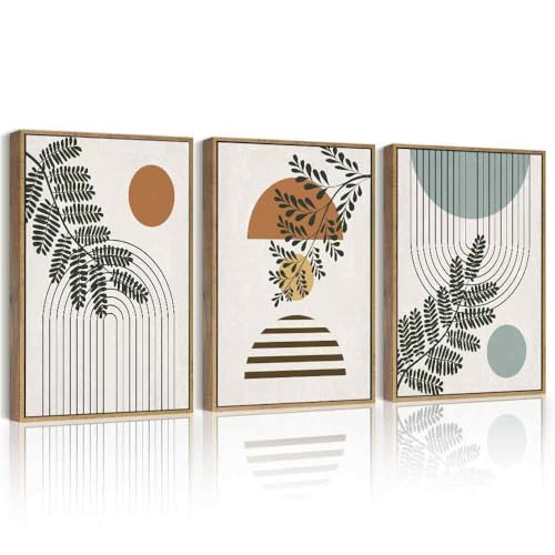 PHOPAGO Summer Boho Wall Art Botanical Modern Framed Wall Prints Abstract Neutral Geometric Prints Bohemain Plants Decor for Farmhouse Hallway - 12x16in Natural Framed - color: Gray Bohemain, size: 16L" x 12W" x 3 Pcs Natural