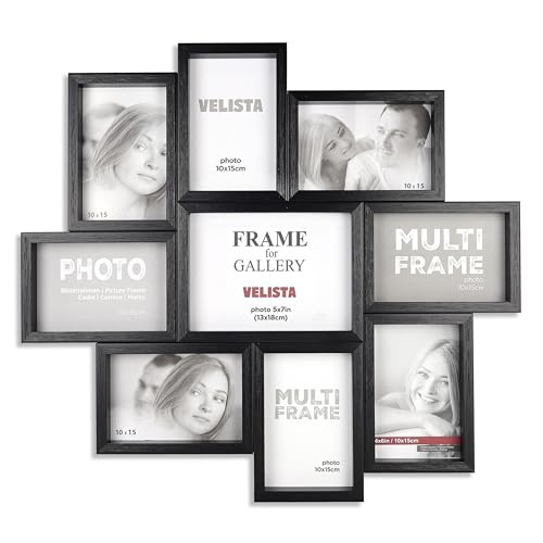 VELISTA 9 Opening Family Picture Frame Collage for Wall Décor – Premium Modern Multi Photo Frame Made of Engineered Wood with Plexiglass Front (Black) - color: Black