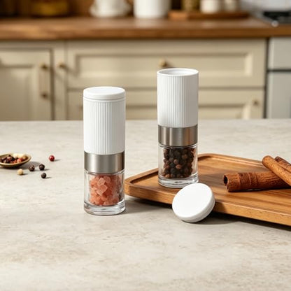 Mini Salt and Pepper Grinder Set Small Tiny Adjustable Coarseness Ceramic Salt Grinder with Funnel and Bag Portable Handy Spice Pepper Mill Shaker For Outdoor Party Lunch Bag Kitchen White - color: White 2-Pack