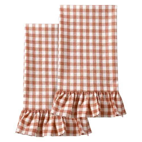 HunnmingRe 2 Pcs Orange Gingham Kitchen Towels Cotton Ruffled | Checked Dish Towels 18"x28" Tea Cloths Plaid Cottage Core Kitchen Decor for Farmhouse Charm Drying Dishes Entertaining Guests - color: Orange, style: Gingham