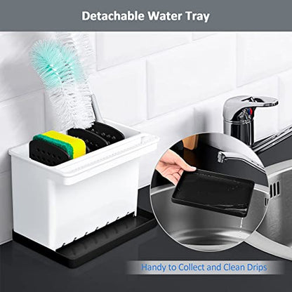 JOMOLA Kitchen Sink Organizer Dish Brush Sponge Holder Caddy Toothbrush Holders for Bathrooms Sinkware Kitchen Utensil Holder Sink Caddy Organizer with 4 Separate Dividers Removable Drain Tray (Black) - color: Black