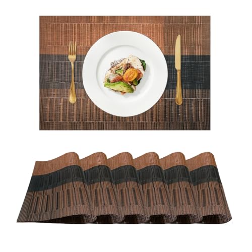 Placemats Set of 6 Anti-Slip Table Mat Set Easy-to-Clean, Heat Resistant Woven Non-Slip Heat Washable Vinyl Material for Kitchen and Dining Table Decoration (Grey Brown) (6, Brown Black) - color: Brown Black
