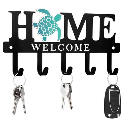 Key Holder Wall Mount Sea Turtle Metal Key Hooks Organizer Hanger Coat Rack with 5 Hooks Beach Nautical Welcome Home Wall Decor for Entryway Bathroom Hallway Living Room 9.8 Inch - style: Turtle