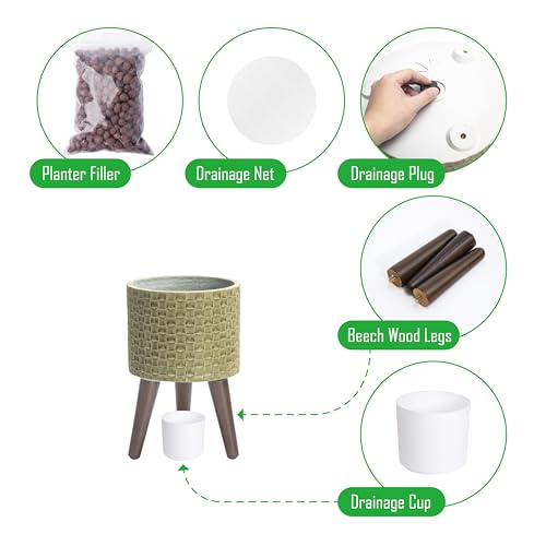 D'vine Dev Planter Pot with Wood Stand, 8 in, Distressed Olive, 88-Z-A-4 | Mid-Century Modern Style, Elevated Plant Display, Drainage Hole and Plug, Functional & Stylish, Modern Indoor Planter - color: Distressed Olive, size: Small
