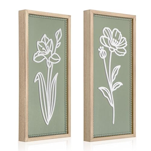 Sage Green Bathroom Wall Decor Set of 2, Framed 3D Wooden Floral Wall Art | Raised white floral cutouts in rectangular frames, ready to hang; rustic boho farmhouse decor for bedroom and hallway walls - color: Sage-2 Rect