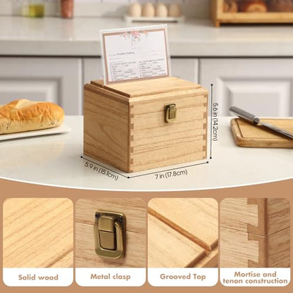 KIRIGEN Wooden Recipe Box with Cards and Dividers, 2 Compartments, Natural | Recipe Card Box Includes About 100 Cards, 100 Protectors, 12 Dividers, Acrylic Shield, Hinged Lid, and Metal Clasp - color: Natural