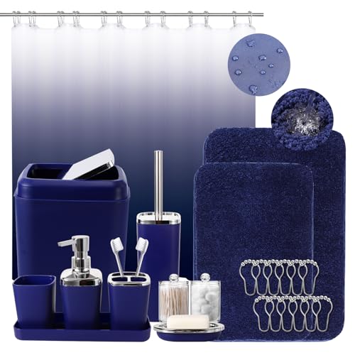 XLHOMO 24PC Navy Blue Bathroom Set with Shower Curtain and Rugs, Blue Bathroom Sets Complete with Trash Can,Soap Dispenser,Soap Dish,Toilet Brush,Toothbrush Holder and Cup,Tray,Q-Tip Holders - color: Navy Blue, size: Bathroom Set+Shower Curtain+Bath Rugs