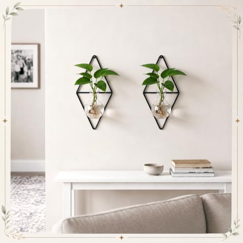 2 Pack Wall Hanging Glass Vase with Metal Frame, Wall Mounted Plant Propagation Station, Diamond Shape Hydroponic Glass Planters with Iron Holder and Screws for Indoor Decor (Black)
