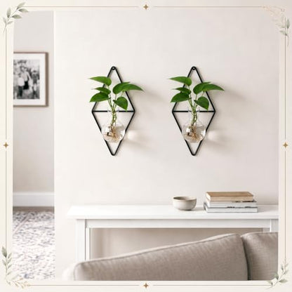 2 Pack Wall Hanging Glass Vase with Metal Frame, Wall Mounted Plant Propagation Station, Diamond Shape Hydroponic Glass Planters with Iron Holder and Screws for Indoor Decor (Black)