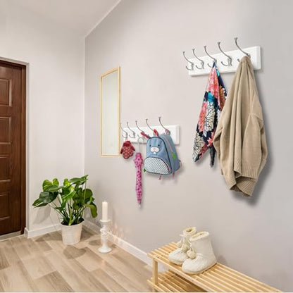 IBosins 2 Pack White Coat Rack Wall Mount, 17" Long with 5 Tri-Hooks | Wall Mounted Heavy Duty Metal Coat Hook Rail for Entryway, Closet, Bathroom, Coat, Jacket, Scarf, Towel, Hat - color: White Wood Plate & Silvery Tri-Hook, size: 2 Item-5 Hooks