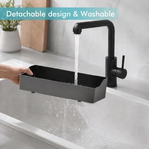 Sponge Holder for Kitchen Sink with Drying Stone, Black | Kitchen Caddy Sink Organizer, 2 Removable Cups, Premium ABS, Anti-Slip, 12.7" Sponge and Soap Holder for Kitchen Counter - color: Black