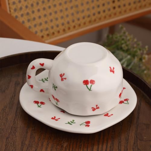 TREEWOO Hand Painted Cherry Ceramic Coffee Cup and Saucer Set, 300ml/10 oz, Korean Style, Hand Pinched Irregular Cappuccino Latte Tea Cup - color: Cherry