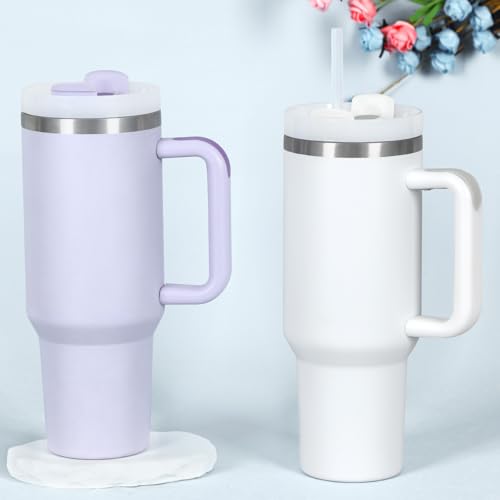4 Pack 40 Oz Tumbler with Handle Bulk, Double Wall Vacuum Insulated Stainless Steel Tumbler with Lid and Straw, 40 oz cup with Silicone Spill Proof Stopper Set (Purple) - color: Purple