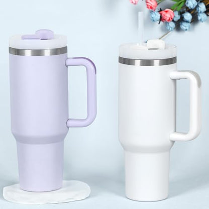 4 Pack 40 Oz Tumbler with Handle Bulk, Double Wall Vacuum Insulated Stainless Steel Tumbler with Lid and Straw, 40 oz cup with Silicone Spill Proof Stopper Set (White) - color: White