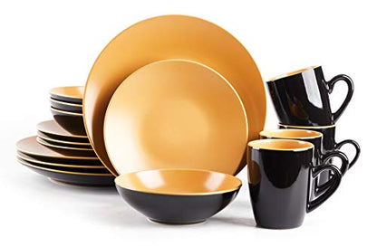 HomeVss Stoneware Two-Tone Colors Life 16pc Dinner Set，Outside Shiny Black + Inside Matte Glaze Curry - color: Curry, size: 16pc Set