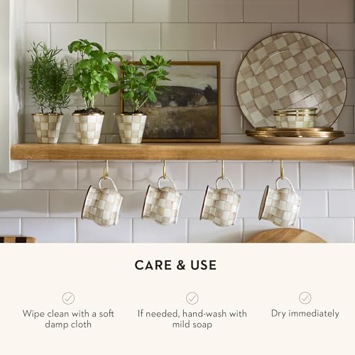 MACKENZIE-CHILDS Enamel Herb Pot Set, Small, Brown-and-White Mocha Check | Hand-painted design, small plant pots for herbs or flowers, 3.5" dia. x 3.25" H, 8-ounce capacity per pot, set of 3 - color: Mocha Check