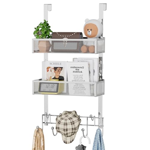 HapiRm Over The Door Hanger with Coat Hooks and 2 Baskets, Rustproof & Waterproof Over The Door Hooks, Storage Organizer for Hats, Bathroom, Kitchen, Bedroom-Silver (for 1.76in Doors) - color: Silver-2 Baskets-for 1.76in Doors