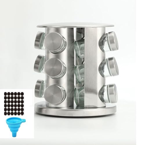 Spice rack-Revolving Spice Rack Set, Kitchen Spice Tower Organizer for Countertop or Cabinet -Desktop Rotating Seasoning Organizer(Stainless Steel) (Silver, 12-Jar) - color: Silver, size: RoundHead_12Jars
