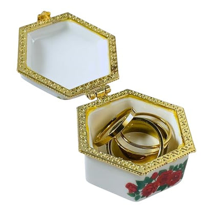 Tiny Hexagon Porcelain Trinket Box | Rose Bouquet | French Style Gift Box with Velvet Bag - style: Rose Bouquet Hexagon