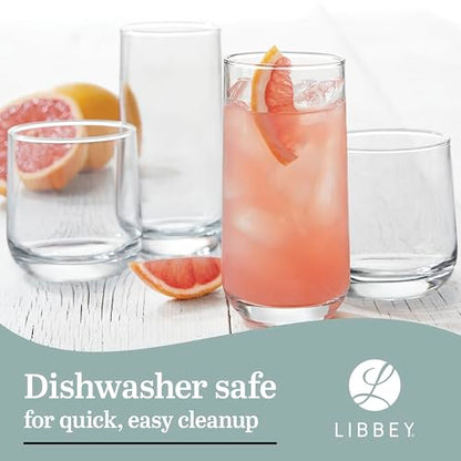 Libbey Ascent Tumbler & Rocks Drinking Glasses Set of 16, Clear Glass Cups | 16.25 oz & 12.25 oz Capacities Glasses for Water, Juice, Cocktails, and More with Curved Design and Dishwasher-Safe Care - color: 01 - Ascent