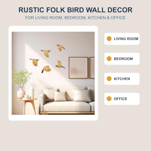Vumyhuby 5-Piece Yellow Wooden Bird Wall Art, Rustic Folk Flying Bird Decor - color: Yellow