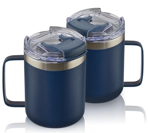 12oz Stainless Steel Insulated Coffee Mug with Handle, Double Wall Vacuum Tumbler Cup with Fliping Lid, Navy, 2 Pack | Stainless Steel Coffee Tumbler with Lid, Double Wall Vacuum Thermal Cup for Camping - color: Fliping Lid: Navy, size: 12 Ounces (Pack of