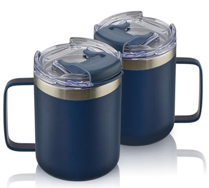 12oz Stainless Steel Insulated Coffee Mug with Handle, Double Wall Vacuum Tumbler Cup with Fliping Lid, Navy, 2 Pack | Stainless Steel Coffee Tumbler with Lid, Double Wall Vacuum Thermal Cup for Camping - color: Fliping Lid: Navy, size: 12 Ounces (Pack of