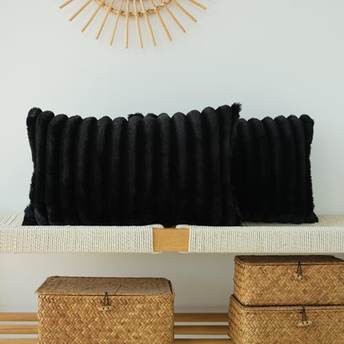 JOJUSIS Pack of 2 Faux Fur Plush Decorative Throw Pillow Covers Couch Cushion Case Soft Pillowcases (Black, 12 x 20-Inch) | Pack of 2, Couch Cushion Case, Soft Pillowcases, Decorative - color: Black, size: 20" x 12" (Pack of 2)