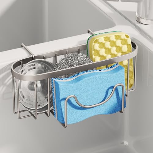 SWTYMIKI Sponge Holder for Kitchen Sink - Movable Kitchen Sink Caddy with M Hook Stainless Steel Hanging Sponges Caddy Organizer in Double Bowl Sinks Depth>3.15in, Middle Divider<1.5in, Sand Nickel L - color: Sand Nickel-large