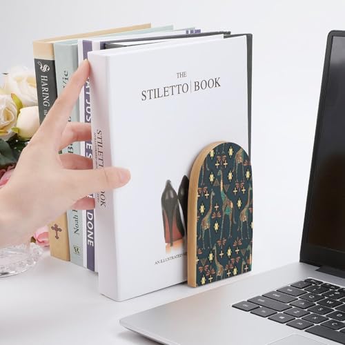 Personalized Wood Book Ends Metal Base Giraffe Pattern Design Printing Bookend Modern Heavy Duty Bookends for Home Or Office 1 Pair - color: Giraffe Pattern Design