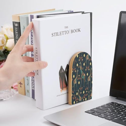 Personalized Wood Book Ends Metal Base Giraffe Pattern Design Printing Bookend Modern Heavy Duty Bookends for Home Or Office 1 Pair - color: Giraffe Pattern Design