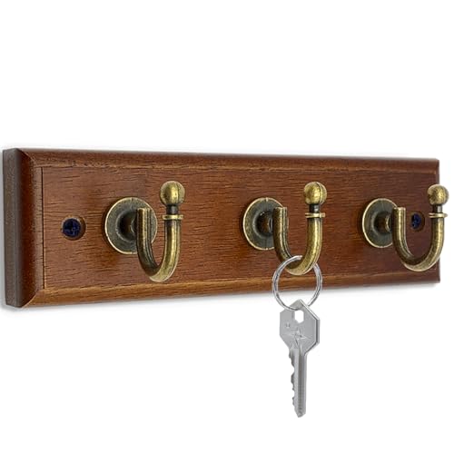 6.7 inch Wooden Key Holder for Wall, Decorative Key Rack with 3 Hooks | 1-Pack, Brown, Retro Metal Hooks, Natural Solid Wood