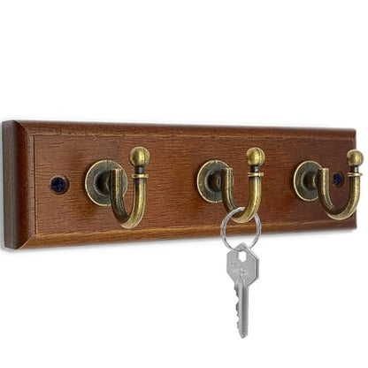 6.7 inch Wooden Key Holder for Wall, Decorative Key Rack with 3 Hooks | 1-Pack, Brown, Retro Metal Hooks, Natural Solid Wood