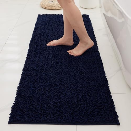 Bathroom Rugs Non Slip Washable 44x24, Extra Thick Soft Chenille Absorbent Bath Mat, High Density Barrier Non Slip Backing, Quick Dry Plush Shaggy Floor Carpet for Tub&Shower, Navy - color: Navy, size: 44" X 24"(Bathroom Rug)