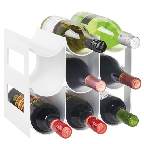 mDesign Plastic Free-Standing Water Bottle Organization/Wine Rack Storage Organizer for Kitchen Countertops, Cabinet, Bin, Pantry, Fridge, Refrigerator, 3 Tiers, 9 Bottles, Lumiere Collection - White - color: White