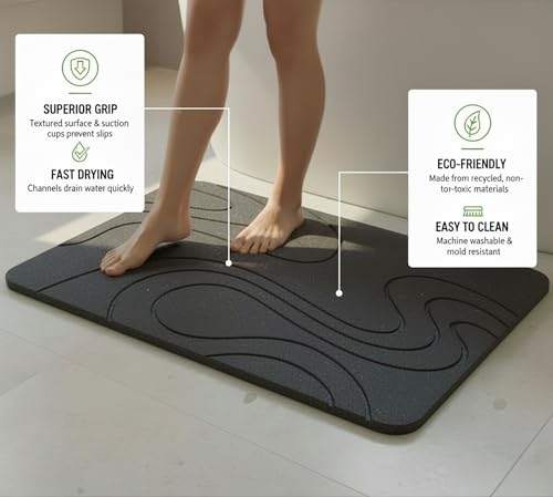 Premium Stone Bath Mat Diatomaceous Earth Ultra Absorbent Quick Drying Easy to Clean Non-Slip Diatomite Stone Bath Shower Mat Ideal for Bathroom Floor (Dark Grey) - color: Dark Grey