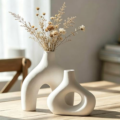 White Ceramic Donut Vase Set of 2, Modern Boho Table Decor | Ideal for mantels, consoles, dining tables, entryways, bedrooms, offices, shelves, coffee tables and nightstands.