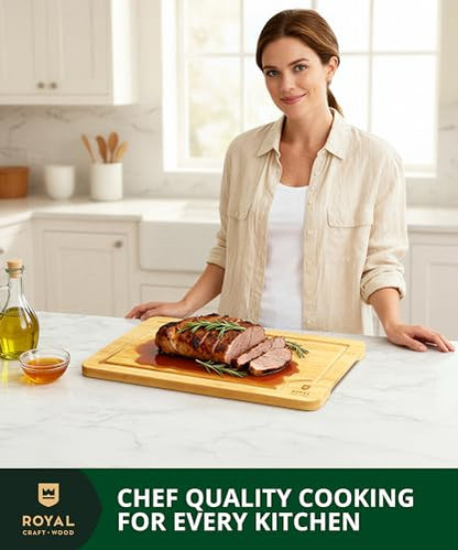 ROYAL CRAFT WOOD Bamboo Cutting Board | with Juice Groove - Kitchen Chopping Board for Meat Cheese and Vegetables, Heavy Duty Serving Tray - color: Natural, size: 18"L x 12"W
