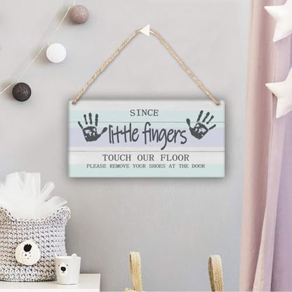 Please Remove Shoes Sign - 12in Wooden Door Hanger for Front Door - color: Blue Wood-Since Little Fingers