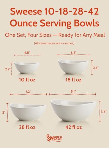 Sweese Porcelain Bowl Set - Serving, Prep, Salad, Dishwasher Microwave Safe, 10/18/28/42 oz, White Grey - color: White Grey